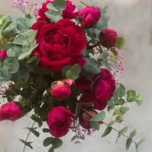 Ramo de flores de temporada con peomias rosa oscuro y eucalipto